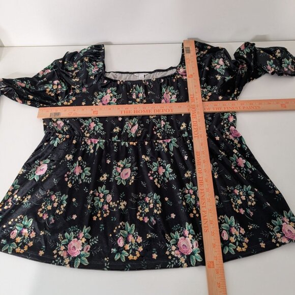 Cato Velvet Floral Babydoll Shirt Womens Size 18/20W Black Balloon Sleeve - Picture 8 of 10